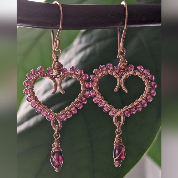 Garnet Heart Earrings Artisan Crafted Copper Design Dangle Drop - Picture 9 of 16